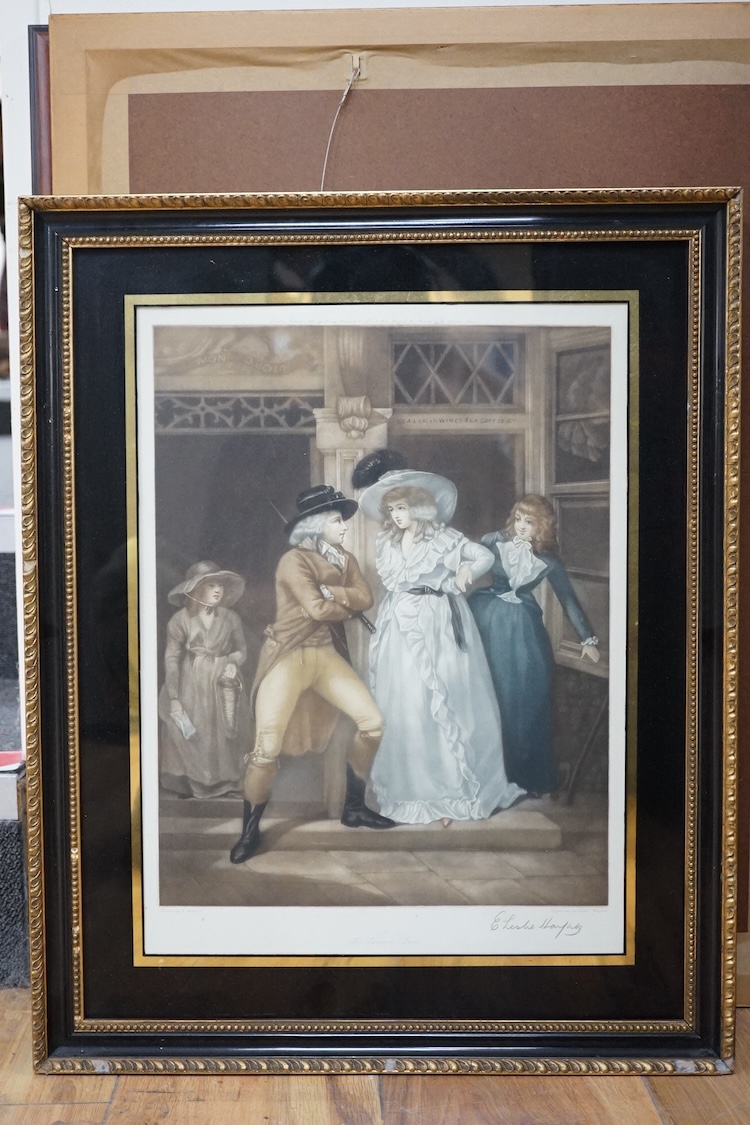 A set of six colour engravings after George Morland (1783-1804), to include the ‘Virtuous parent’ and ‘The Elopement’, together with a pair of colour prints depicting the Battle of Waterloo. Condition - varies